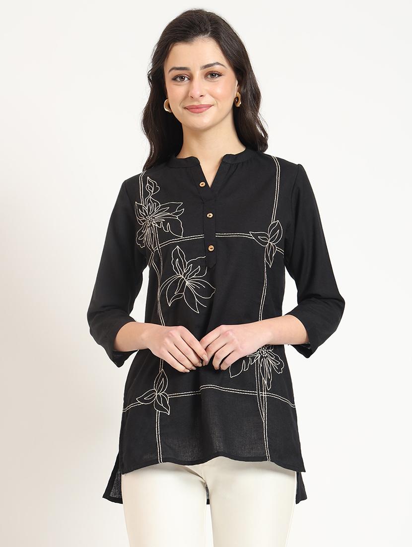 women embroidered mandarin neck high low tunic - 21743410 - Zoom Image - 0
