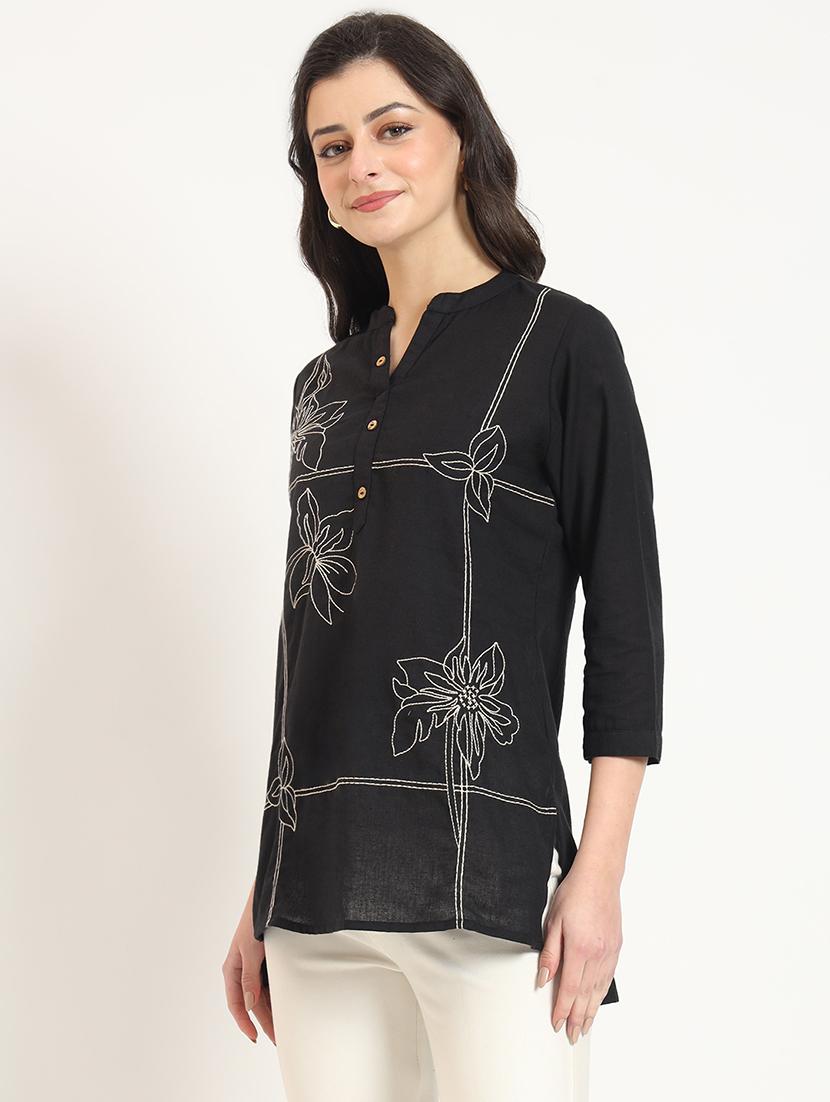women embroidered mandarin neck high low tunic - 21743410 - Standard Image - 2