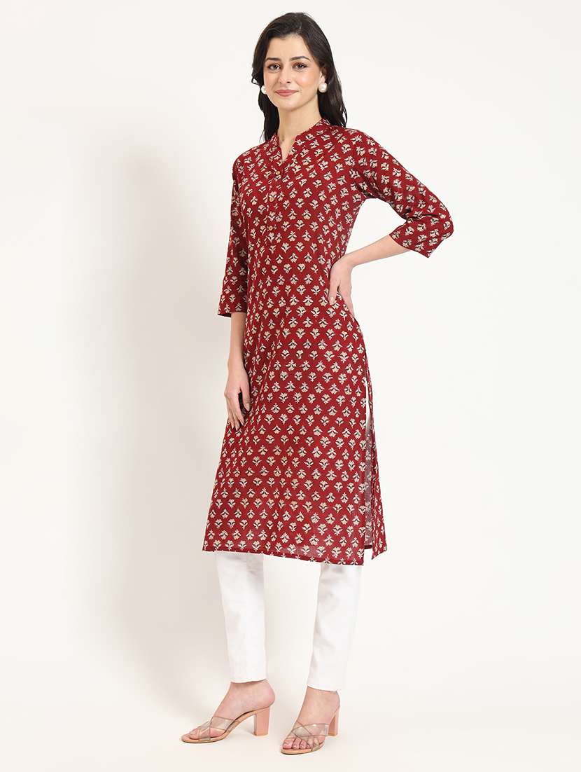 women maroon three quarter sleeve straight kurta - 21743621 -  Standard Image - 2