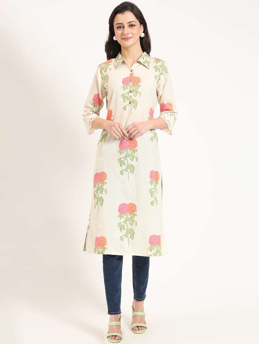 women cream three quarter sleeve straight kurta