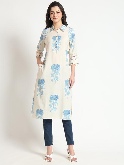 women cream three quarter sleeve straight kurta - 21743623 -  Standard Image - 0