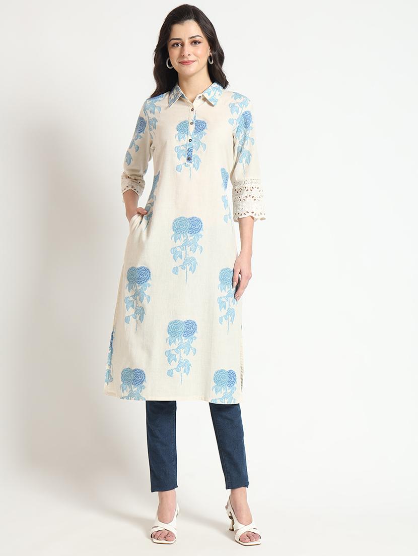 women cream three quarter sleeve straight kurta - 21743623 -  Zoom Image - 0
