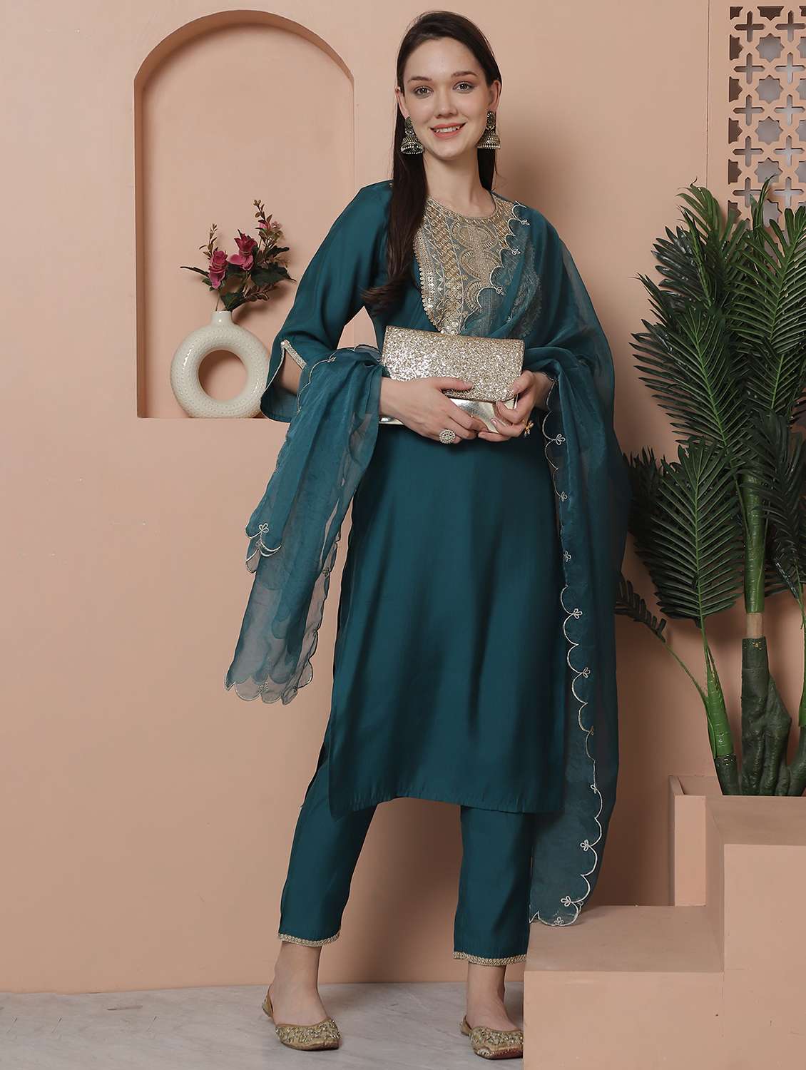 women three quarter sleeve kurta pant with dupatta set