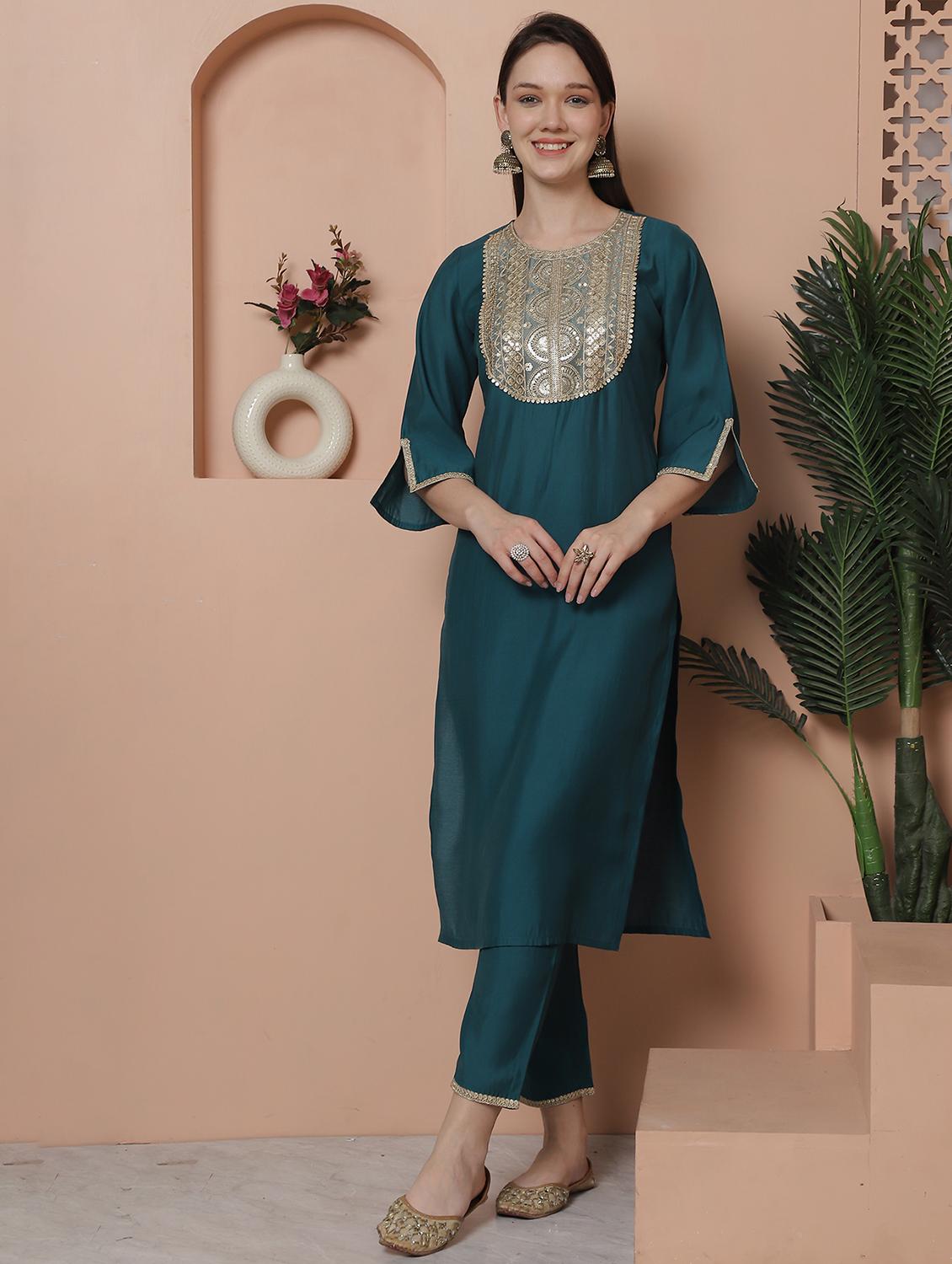 women three quarter sleeve kurta pant with dupatta set - 21743875 - Standard Image - 2