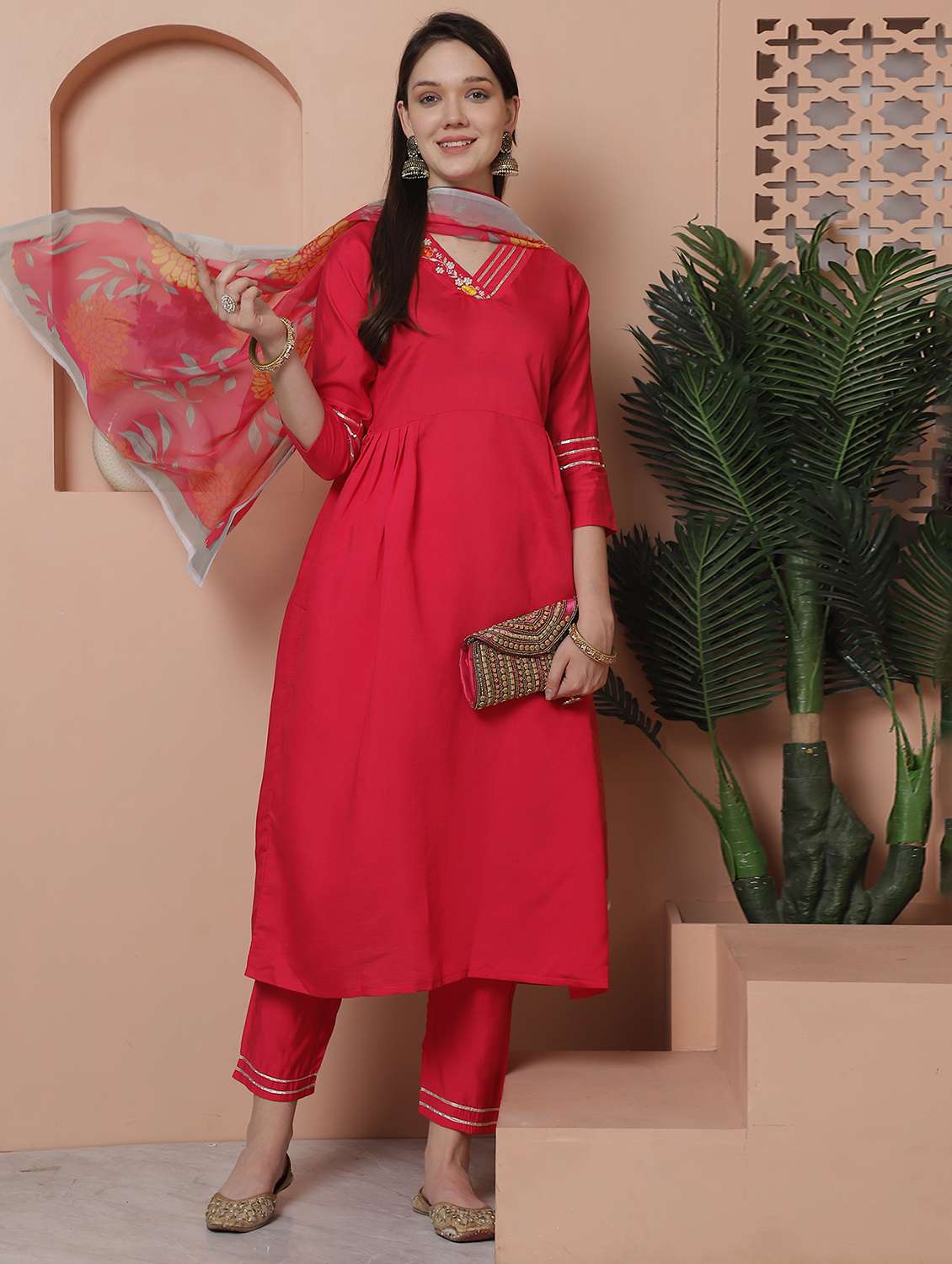 women three quarter sleeve kurta pant with dupatta set - 21743880 - Standard Image - 2