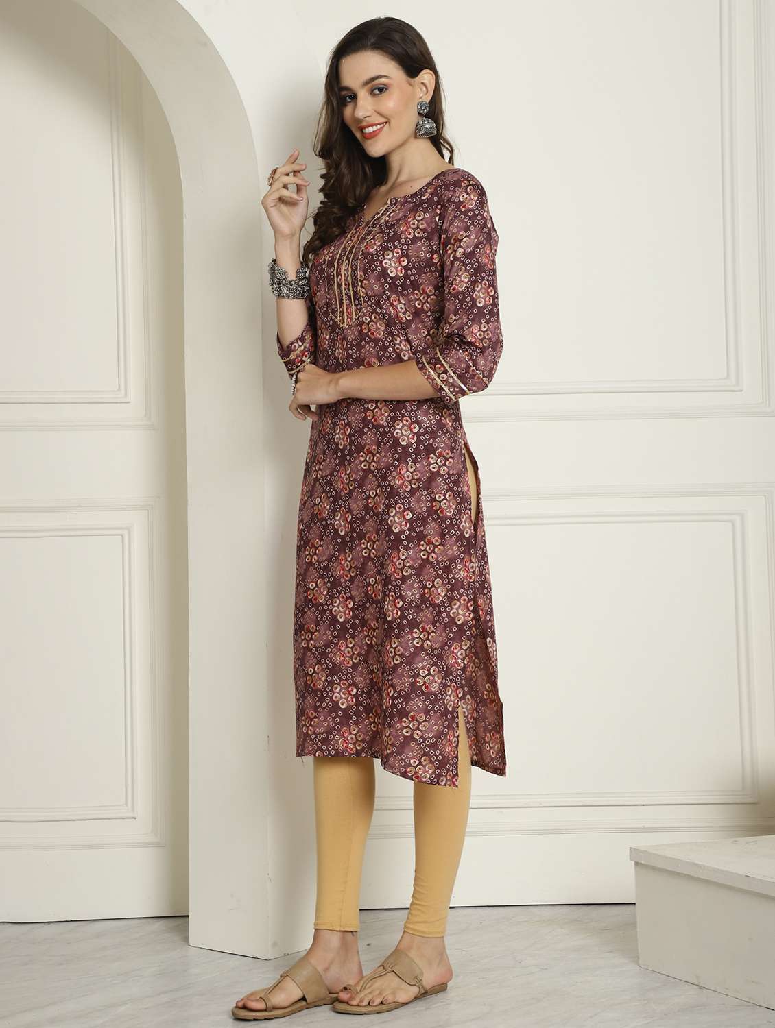women printed three quarter sleeve straight kurta - 21743921 -  Standard Image - 2