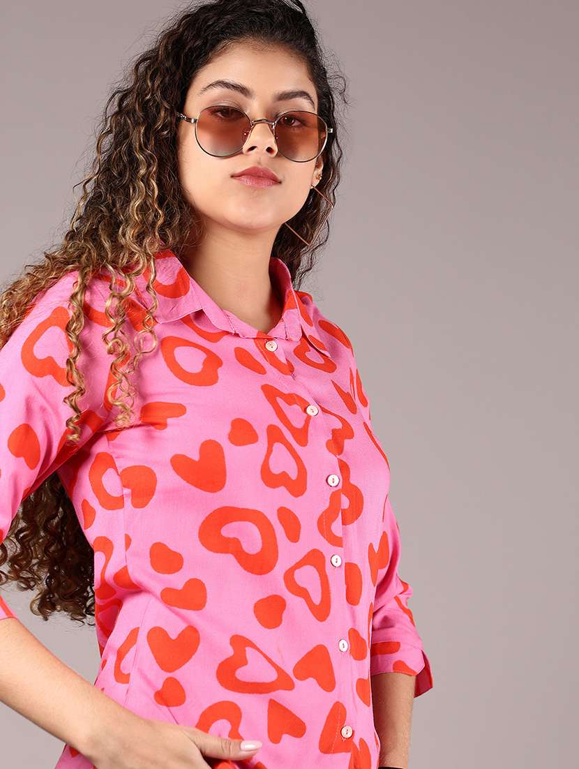 women pink printed collared regular shirt
