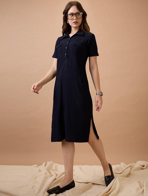 globus women navy blue self design shirt collar pocket detail midi sheath workwear dress - 21744191 - Standard Image - 0