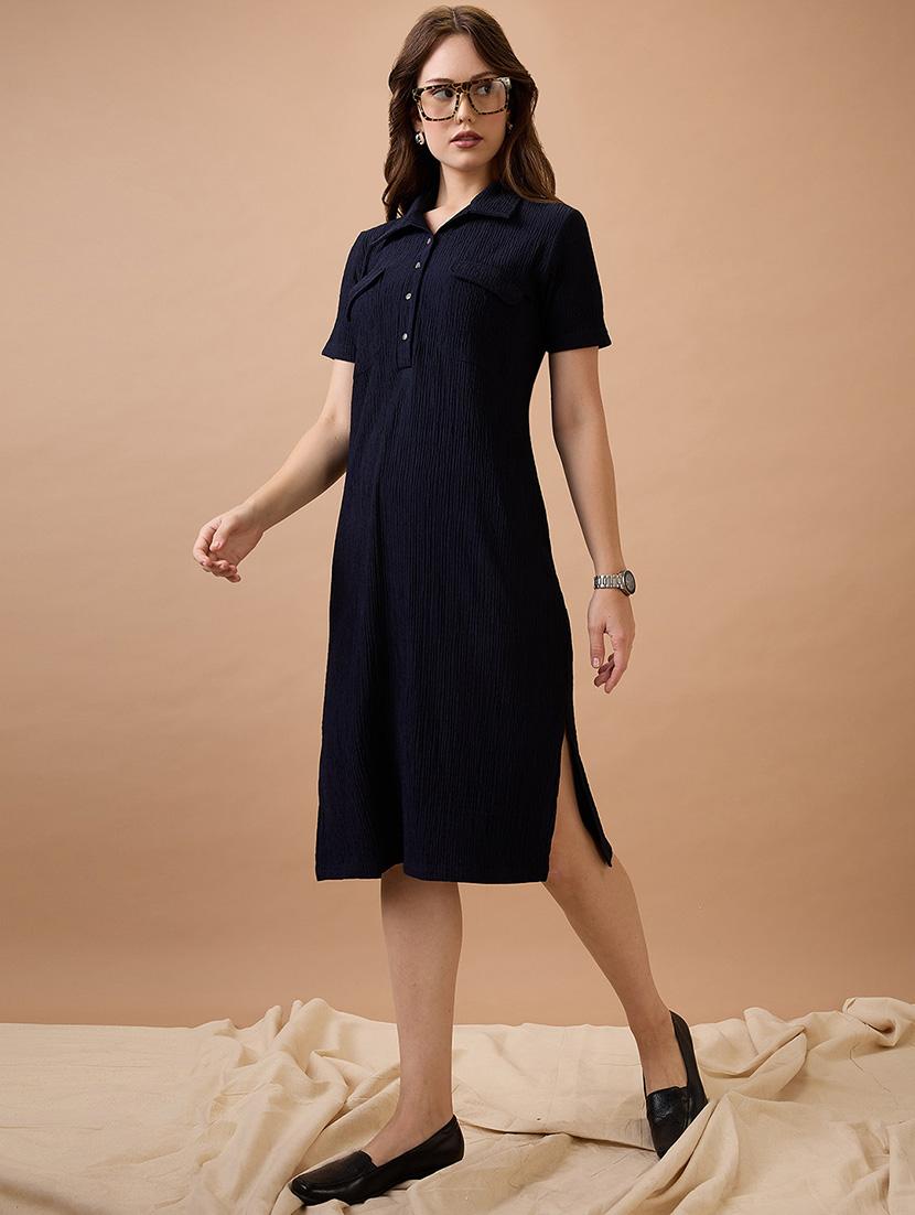 globus women navy blue self design shirt collar pocket detail midi sheath workwear dress - 21744191 - Zoom Image - 0