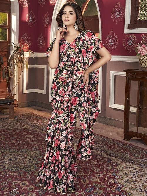 women black floral printed saree with blouse - 21744450 - Standard Image - 0