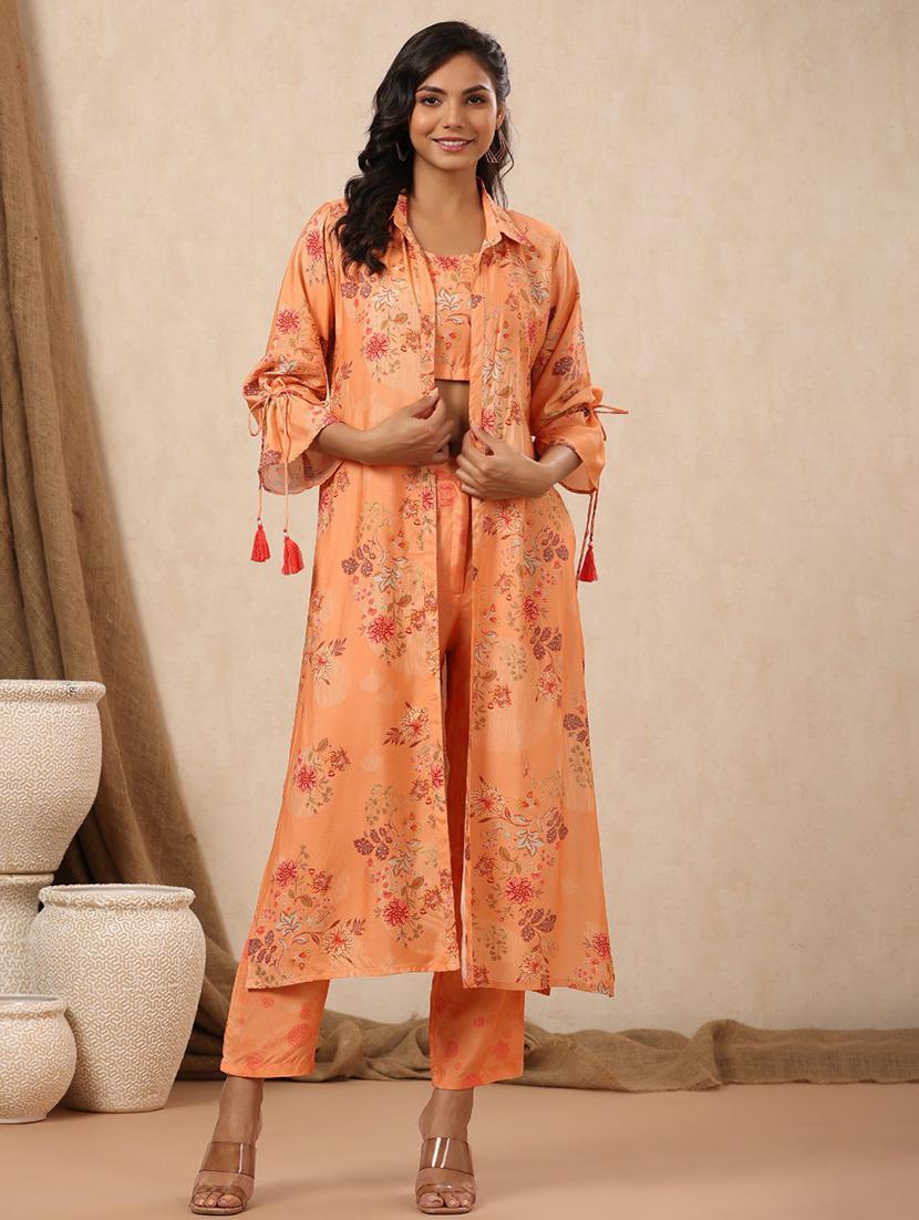 women floral printed crop top and palazzo set with shrug