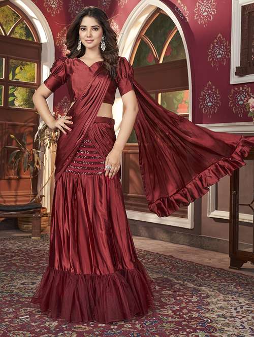 women solid sequin work pre- drape saree with blouse