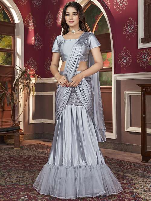 women solid sequin work pre- drape saree with blouse