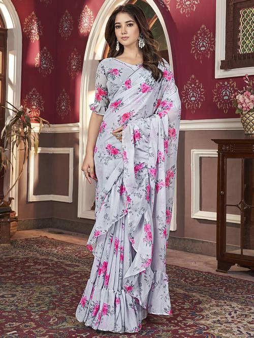 women grey floral printed ruffle saree with blouse - 21745535 -  Standard Image - 0