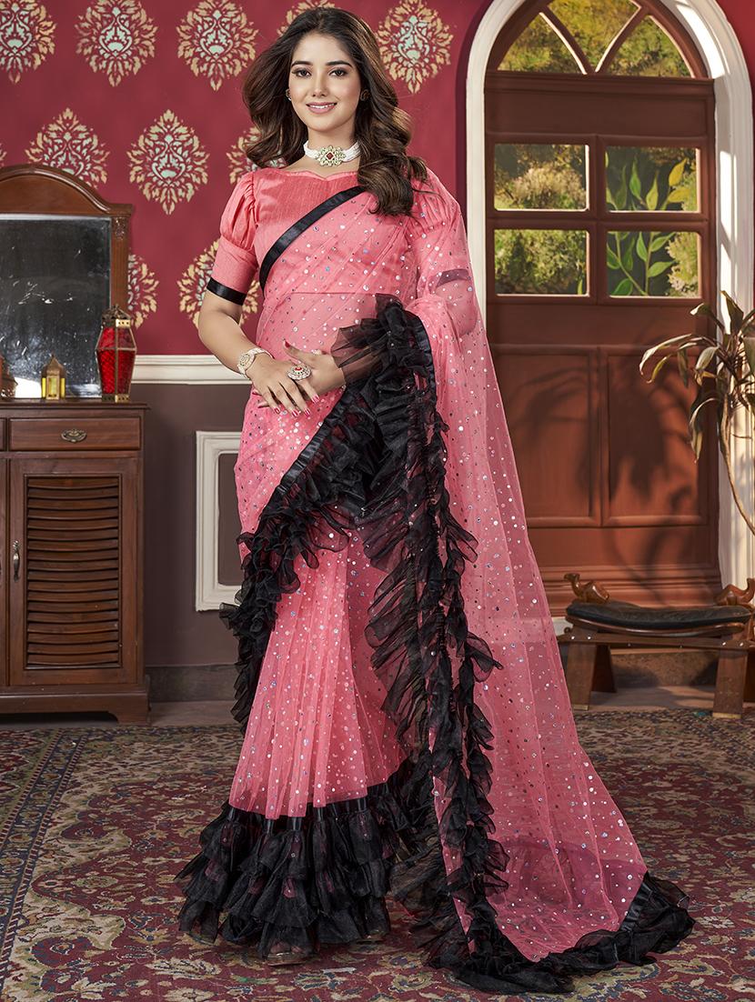 women coral embellished ruffle saree with blouse - 21745546 -  Zoom Image - 0