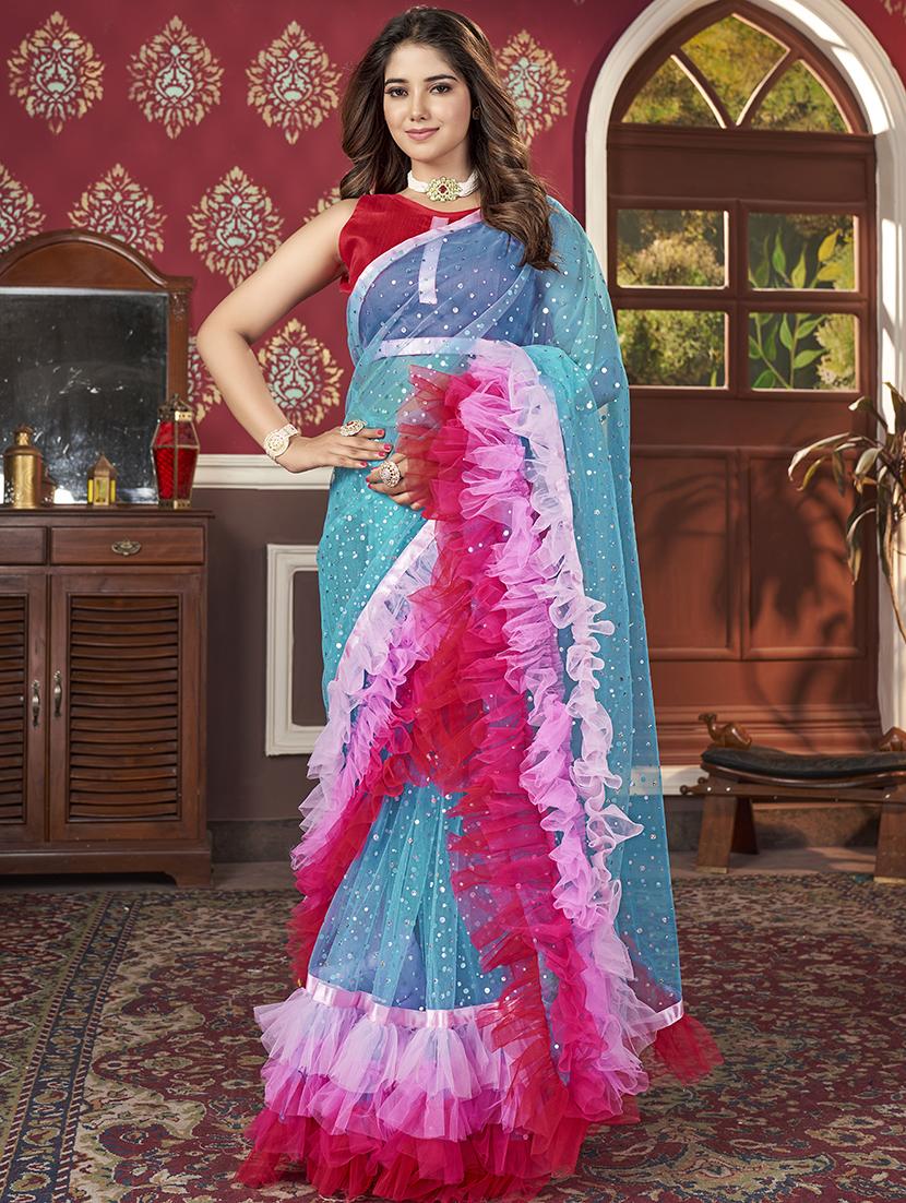 women light blue embellished ruffle saree with blouse - 21745547 - Zoom Image - 0
