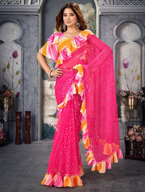 women pink embellished ruffle saree with blouse - 21746078 -  Standard Image - 0