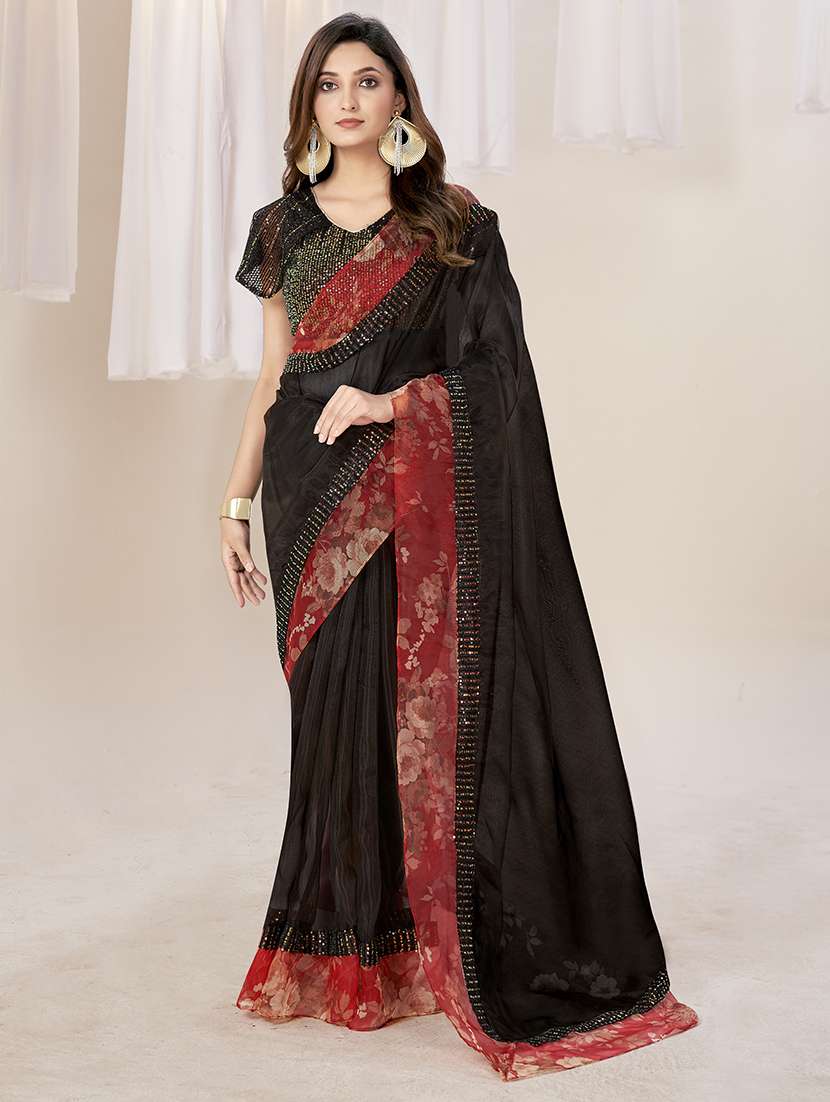 women black solid sequin work bordered saree with blouse