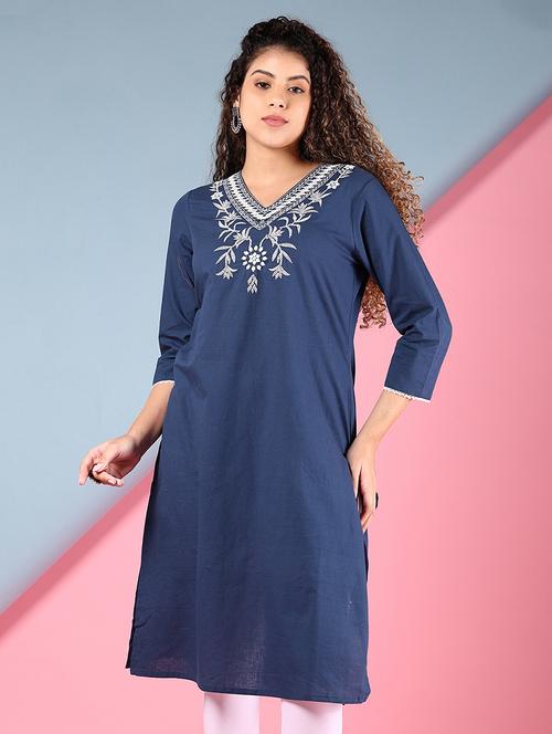 women blue embroidered v neck straight kurta - 21746190 - Standard Image - 0