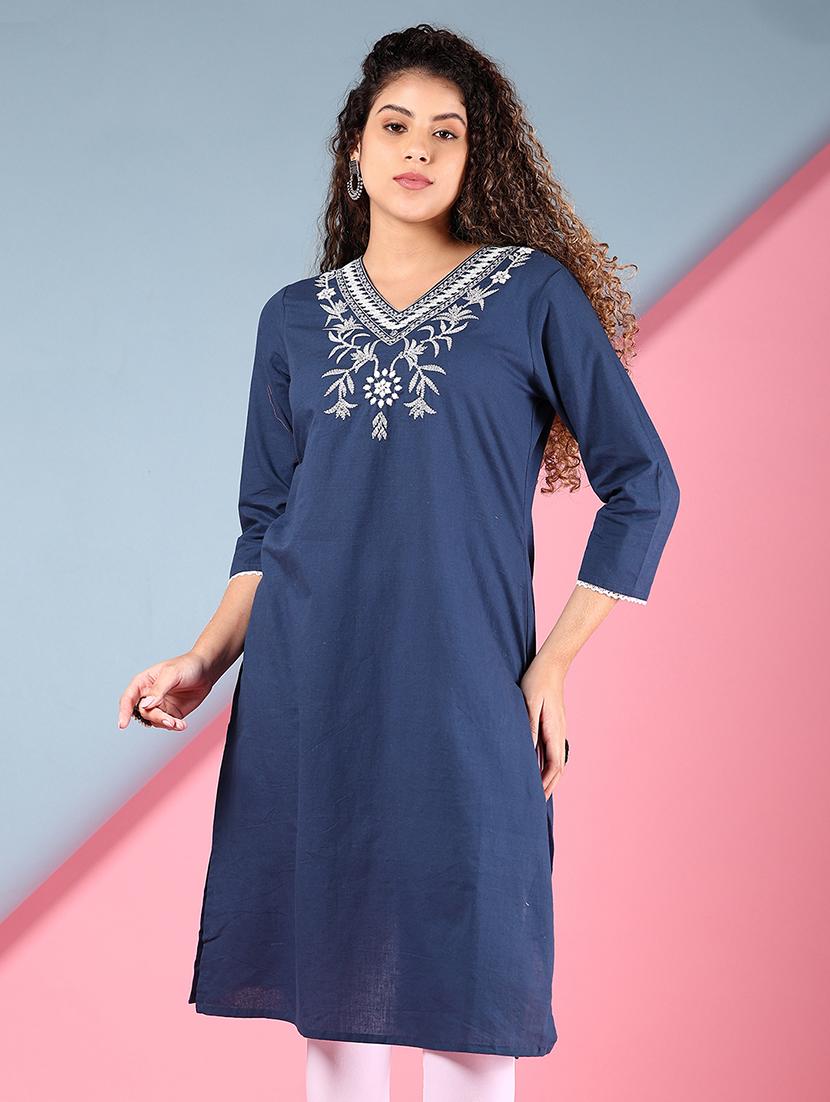 women blue embroidered v neck straight kurta - 21746190 - Zoom Image - 0