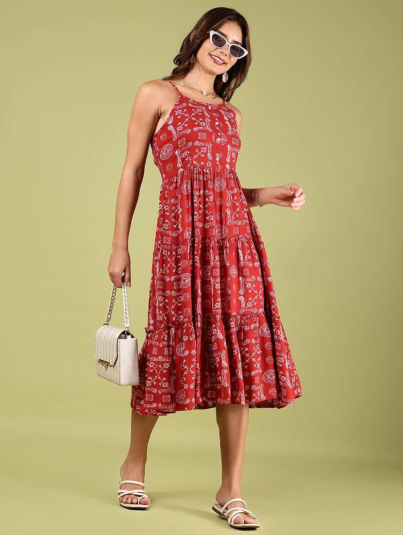 women red printed shoulder strap tiered ethnic dress
