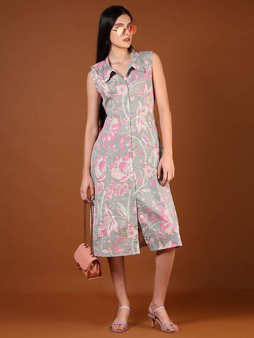 women floral printed collared ethnic dress