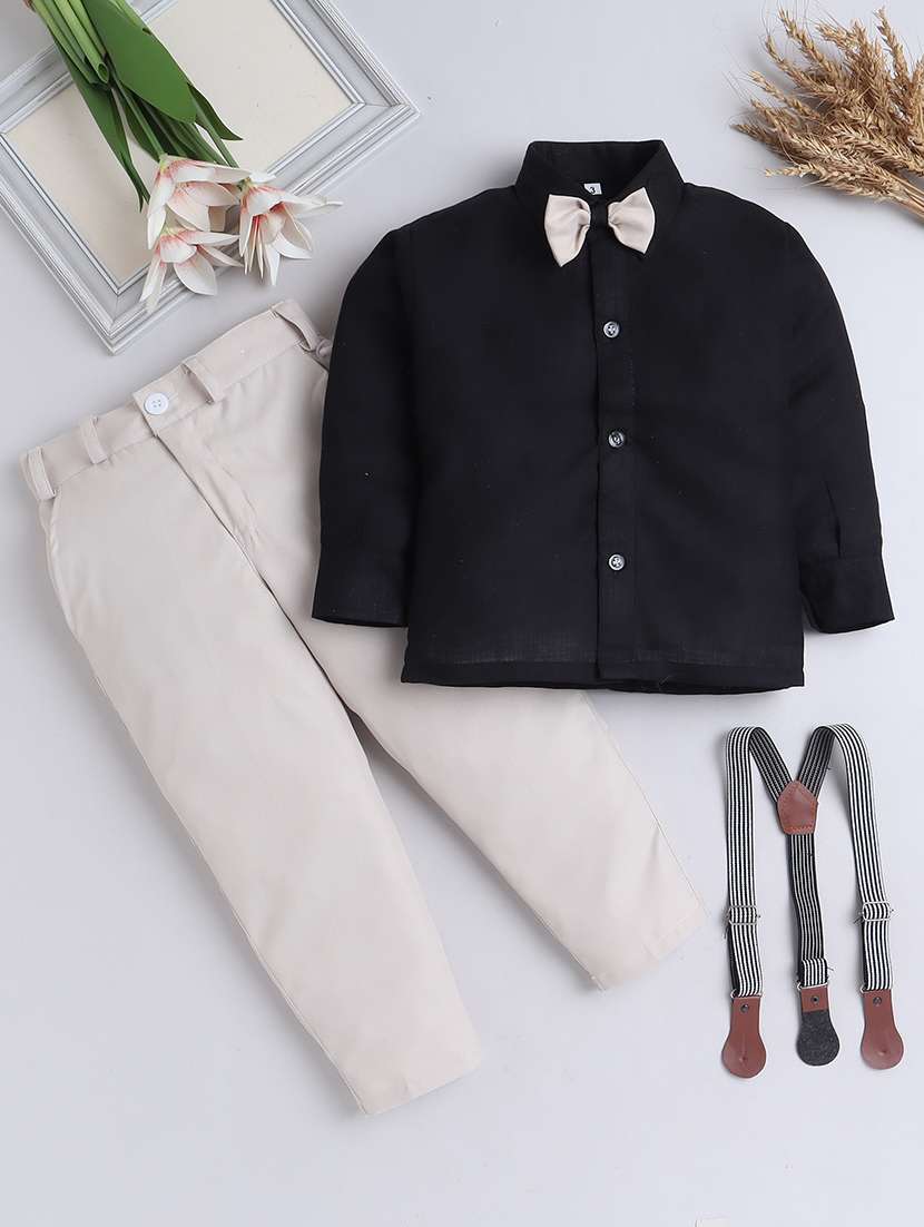 boys plain shirt & trouser set with suspenders 