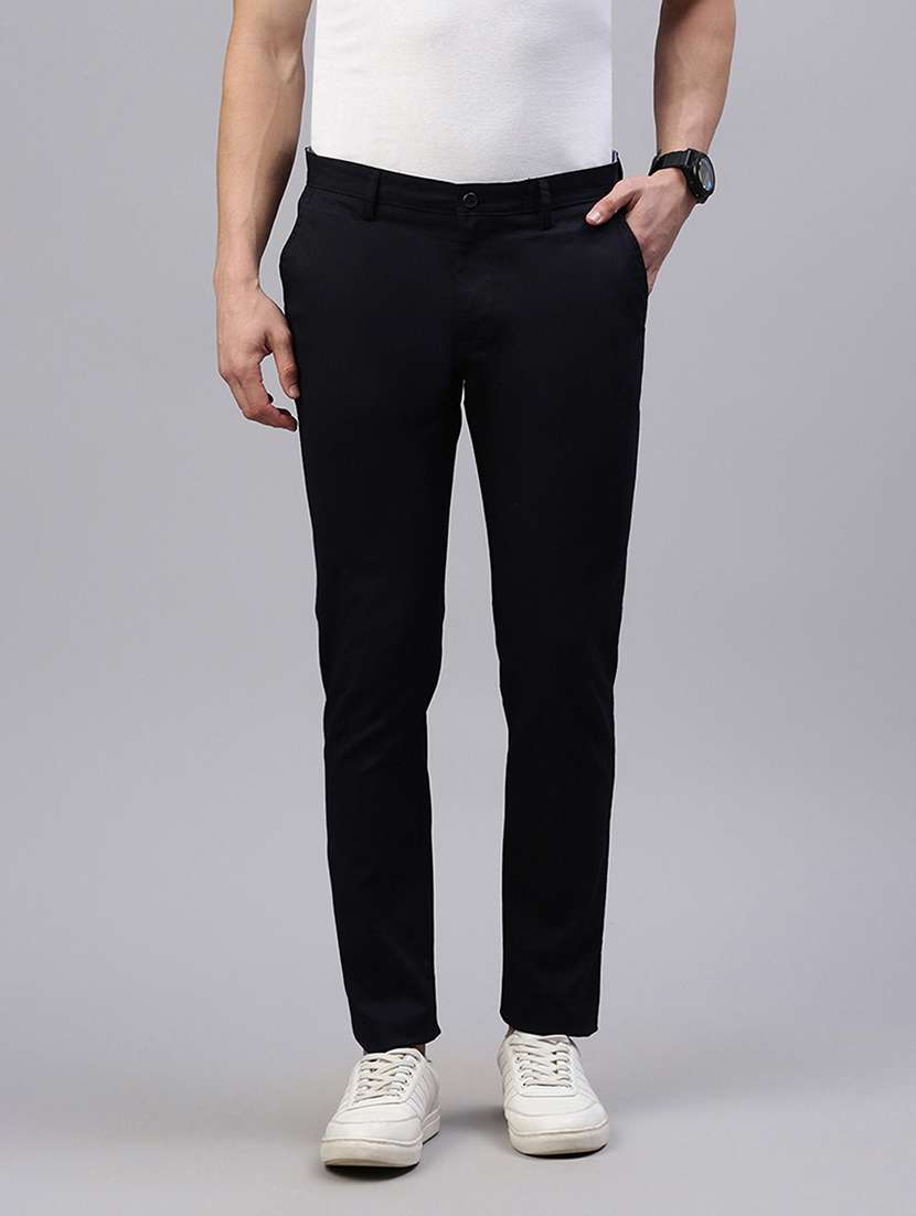 navy blue cotton flat front casual trousers