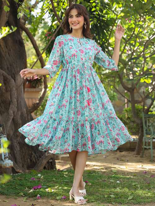 turquoise georgette tiered dress - 21746651 - Standard Image - 0