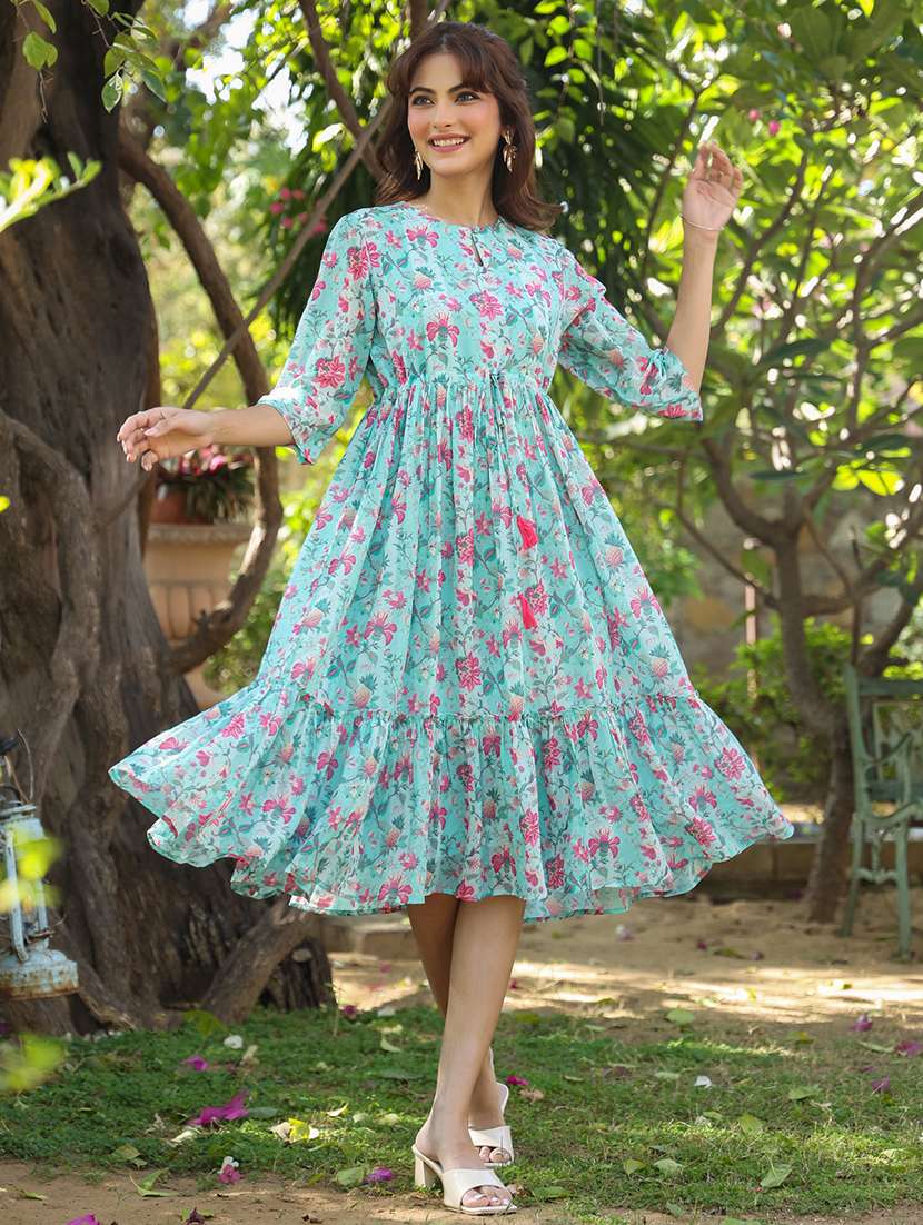 turquoise georgette tiered  dress