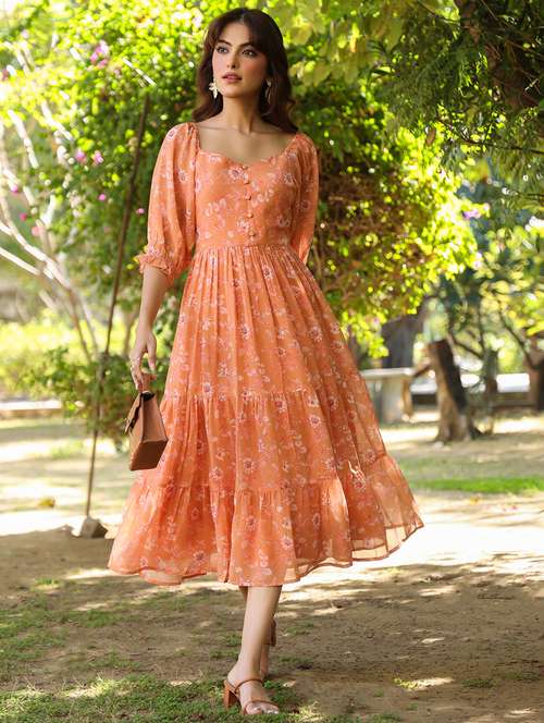 orange georgette tiered dress - 21746652 - Standard Image - 0
