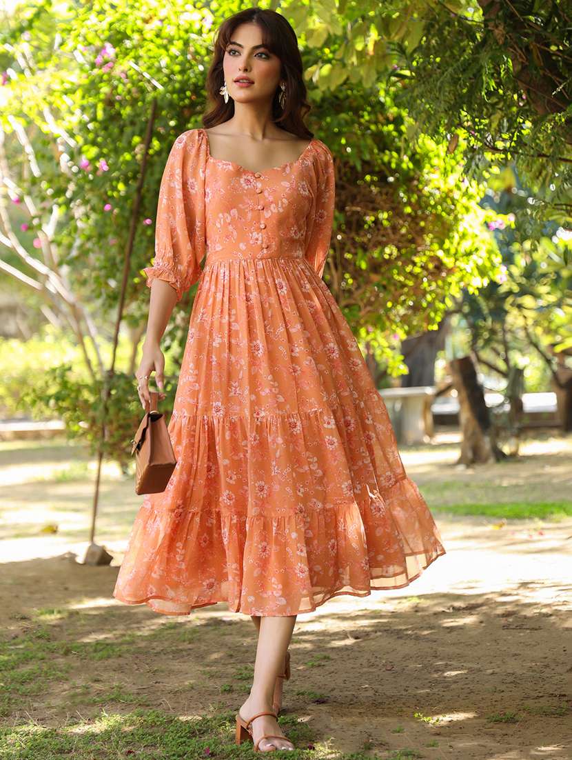 orange georgette tiered dress - 21746652 - Zoom Image - 0