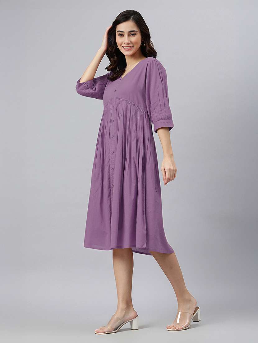 women solid puff sleeves a-line dress - 21746685 - Standard Image - 2