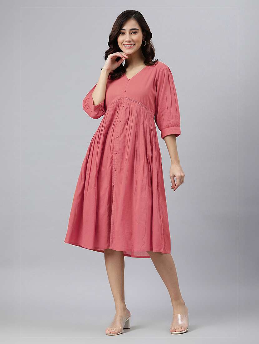 women solid puff sleeves a-line dress