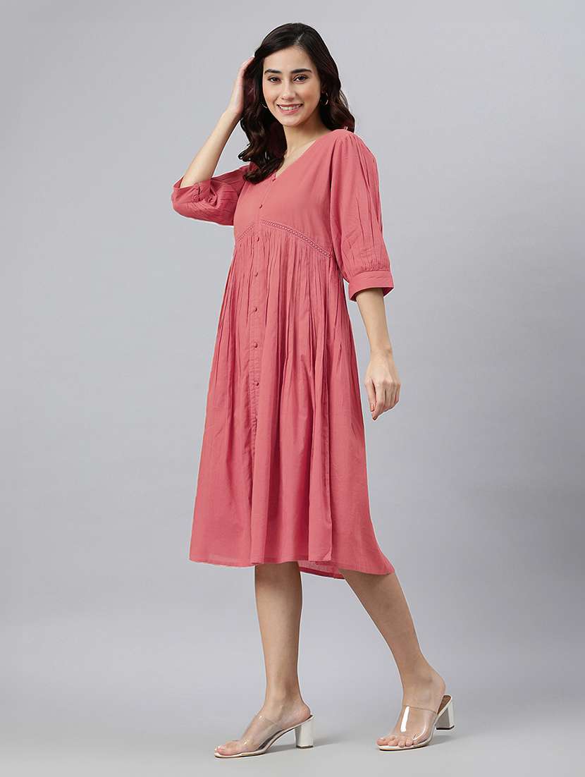 women solid puff sleeves a-line dress - 21746686 -  Standard Image - 2