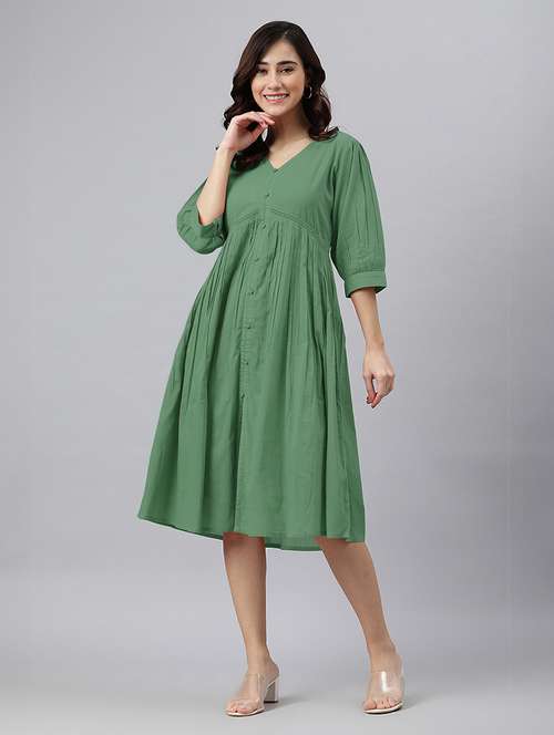 women solid puff sleeves a-line dress - 21746687 - Standard Image - 0