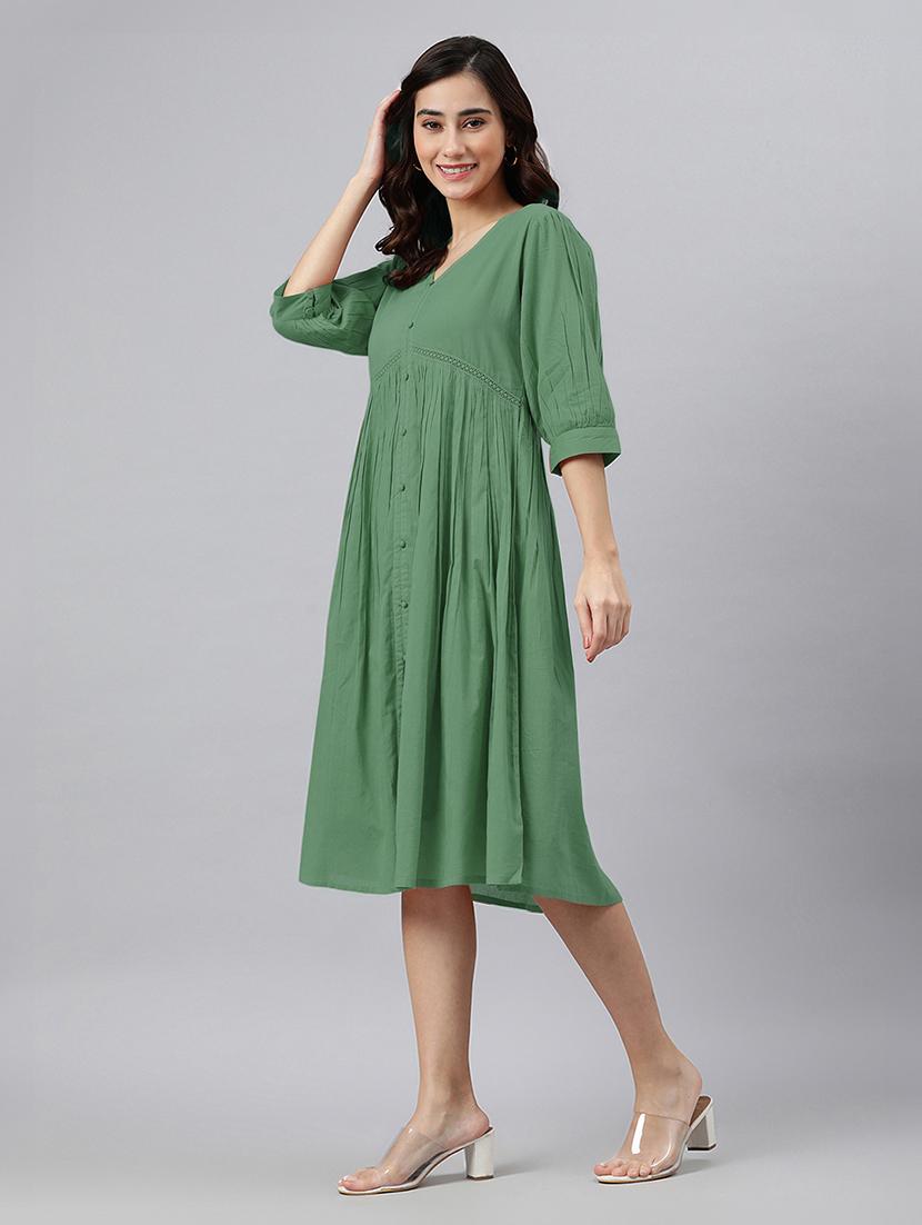 women solid puff sleeves a-line dress - 21746687 - Standard Image - 2