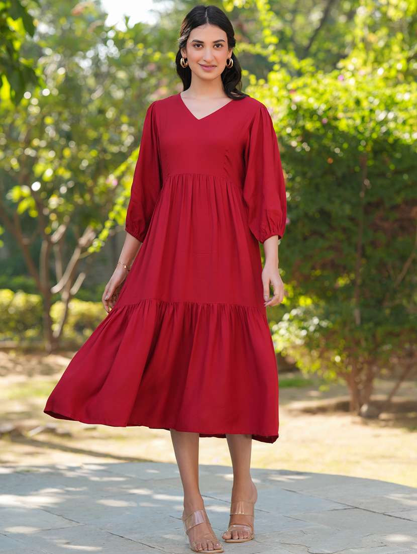 women solid tiered dress