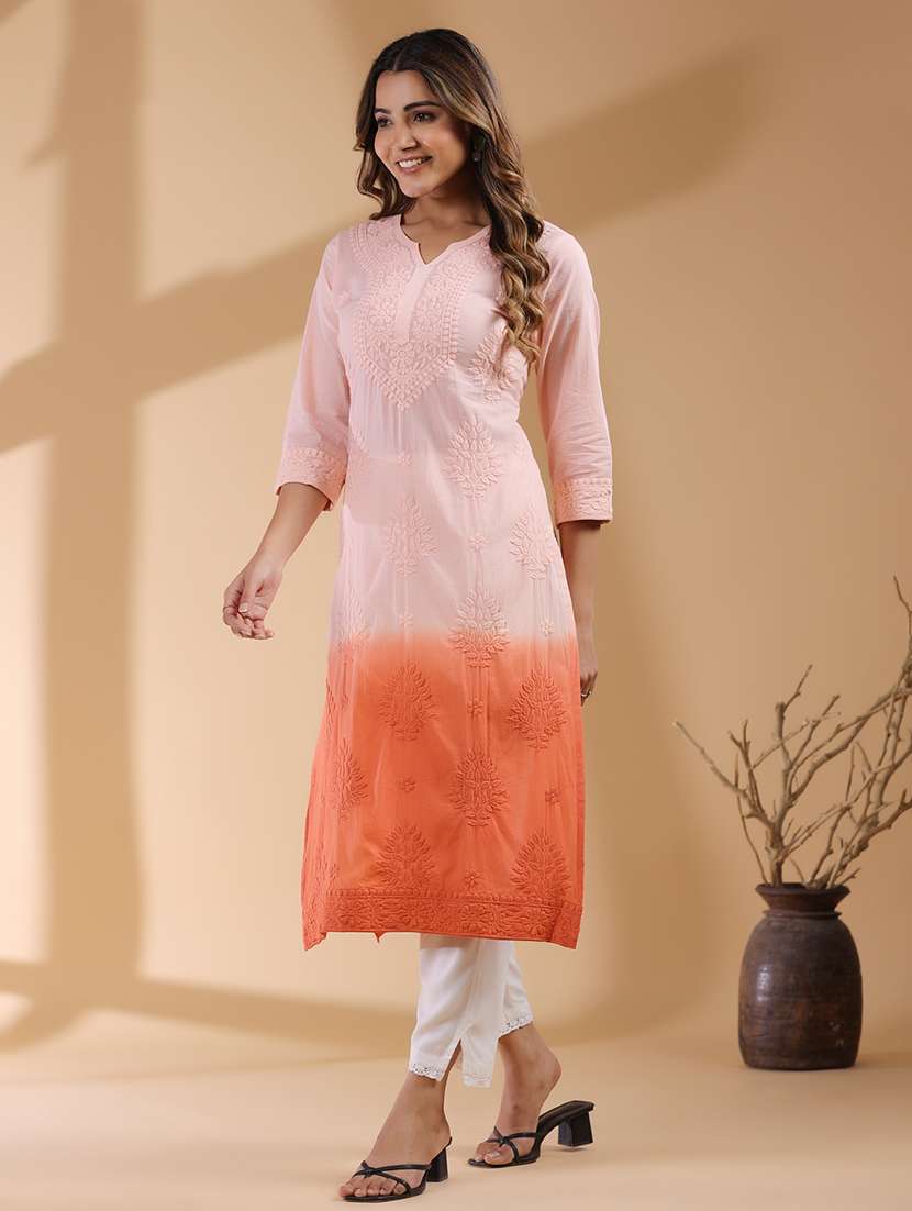 women notch neck chikankari straight kurta - 21746697 -  Standard Image - 2