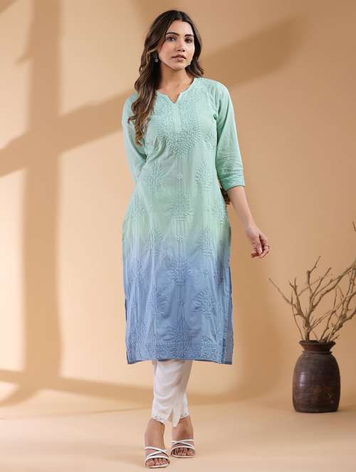 women notch neck chikankari straight kurta - 21746699 - Standard Image - 0