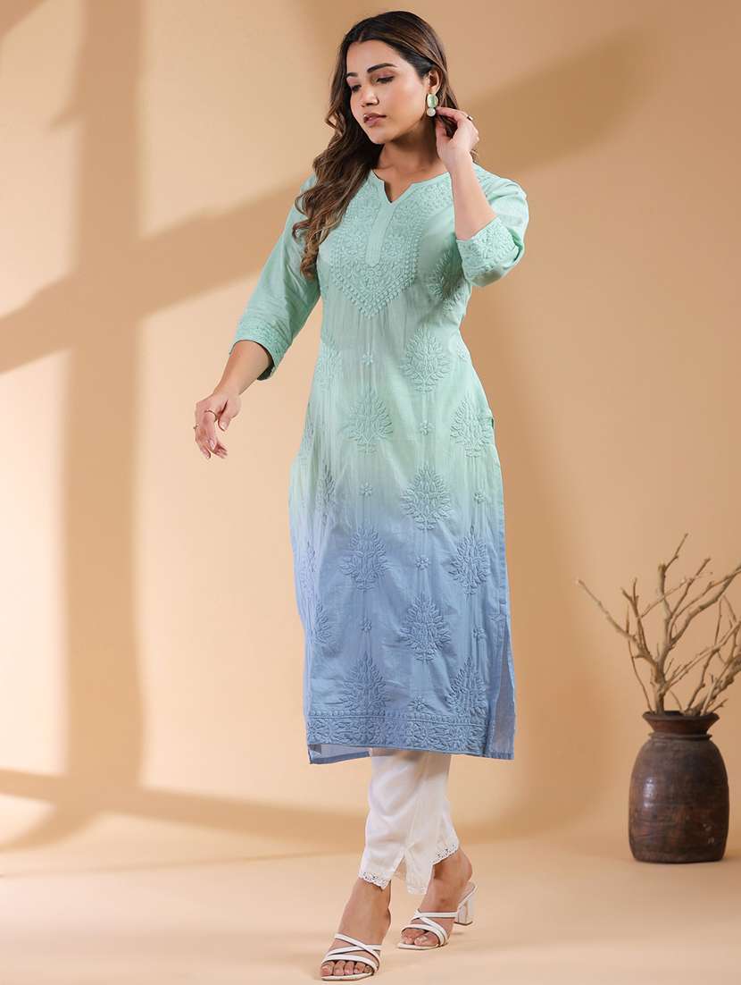 women notch neck chikankari straight kurta - 21746699 - Standard Image - 2