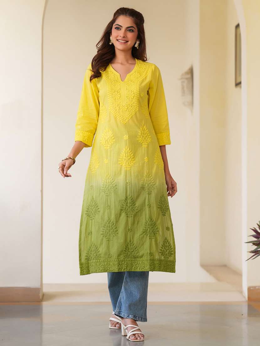 women notch neck chikankari straight kurta - 21746700 - Zoom Image - 0