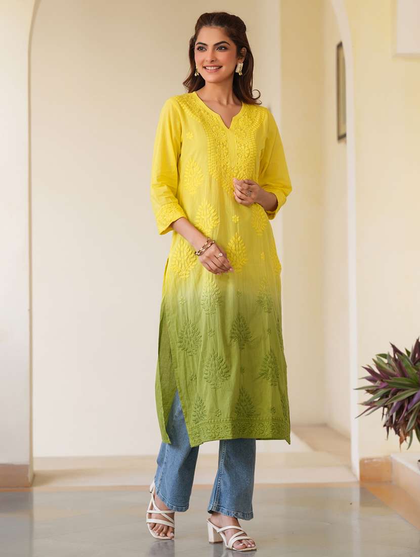 women notch neck chikankari straight kurta - 21746700 - Standard Image - 2