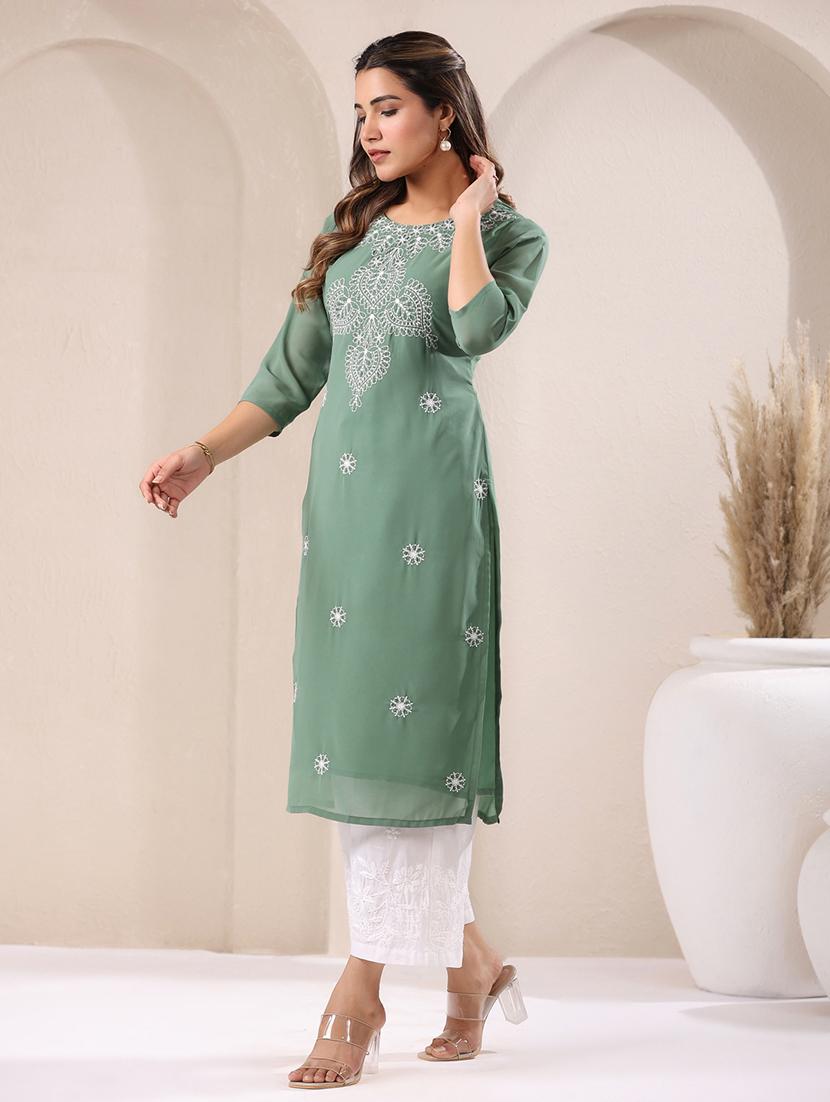 women embroidered round neck straight kurta - 21746702 - Standard Image - 2