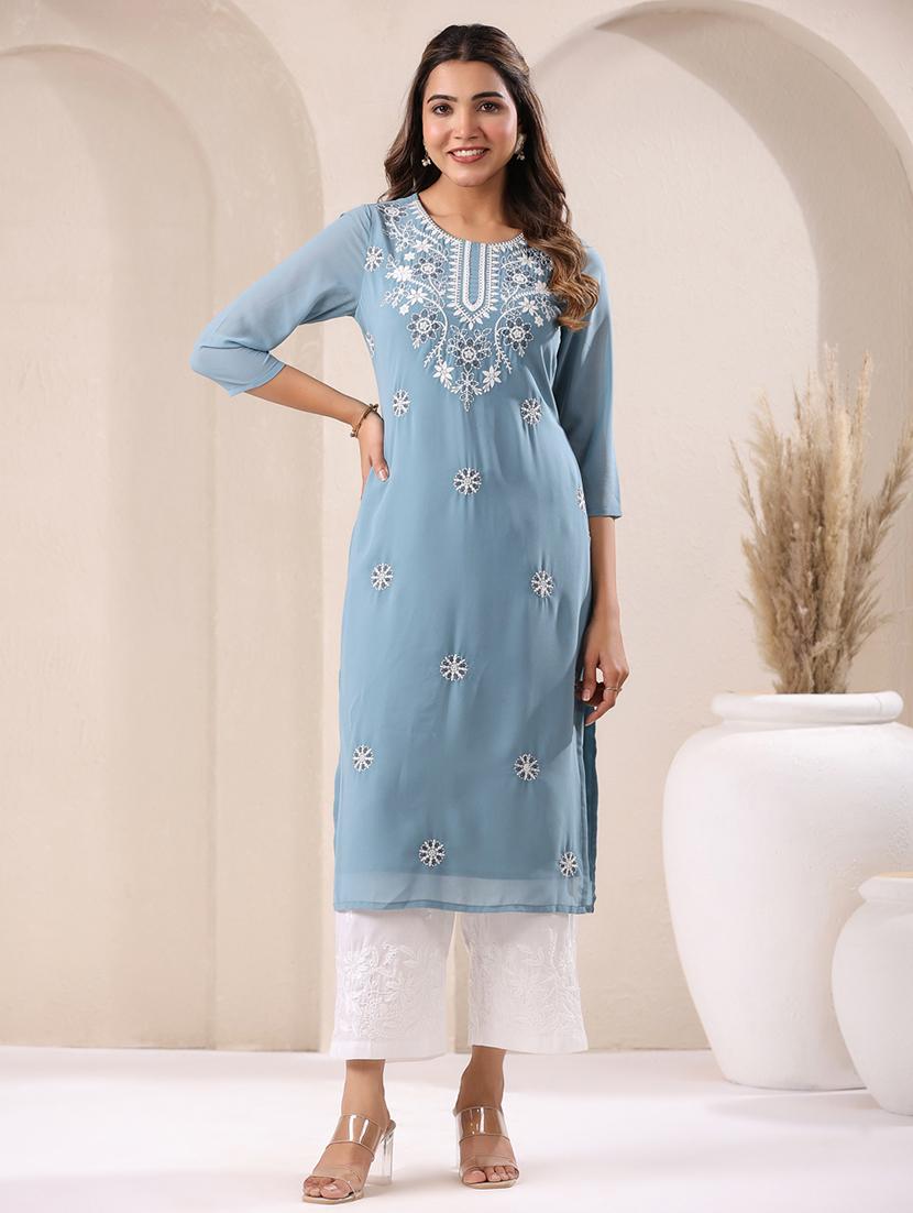 women round neck chikankari straight kurta - 21746703 - Zoom Image - 0