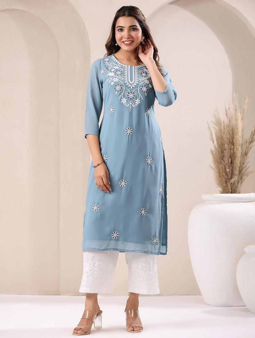 women round neck chikankari straight kurta - 21746703 - Standard Image - 2