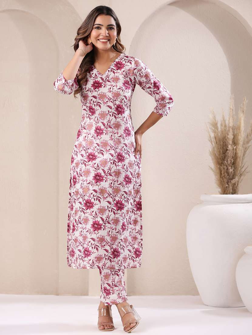women v-neck floral printed kurta pant set