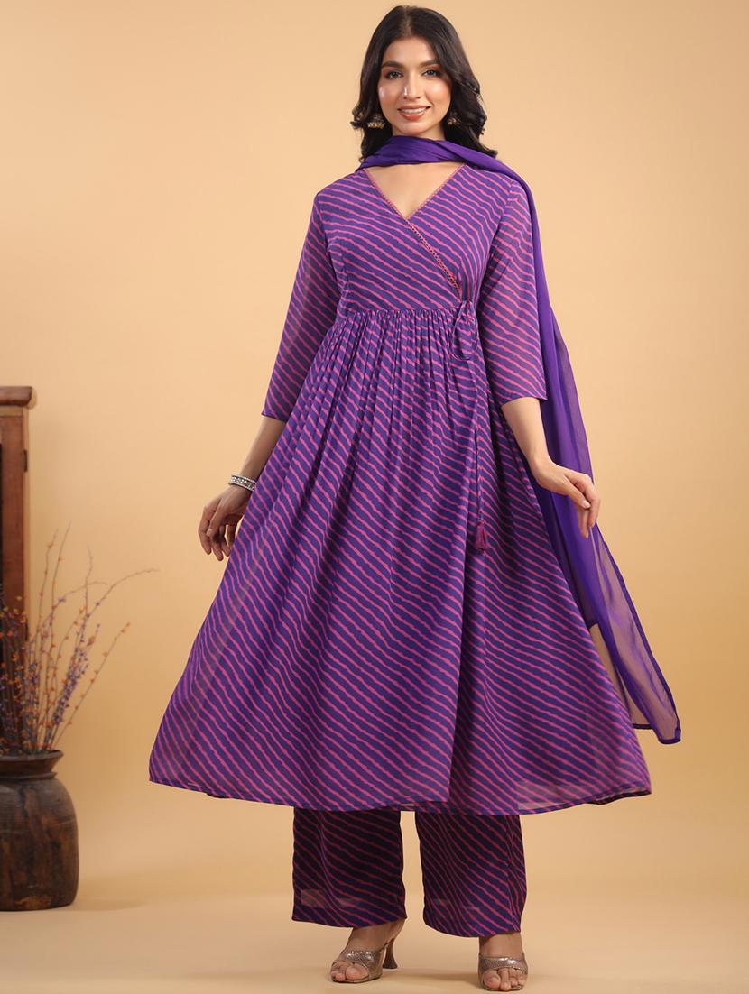 women leheriya printed kurta pant set with dupatta