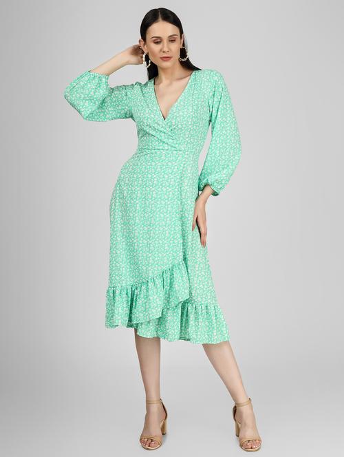women printed puff sleeves wrap dress - 21746786 - Standard Image - 0