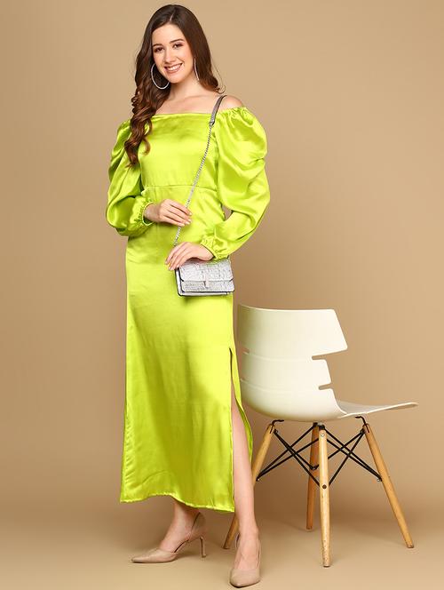 women solid off shoulder puff sleeves a-line dress - 21746804 - Standard Image - 0